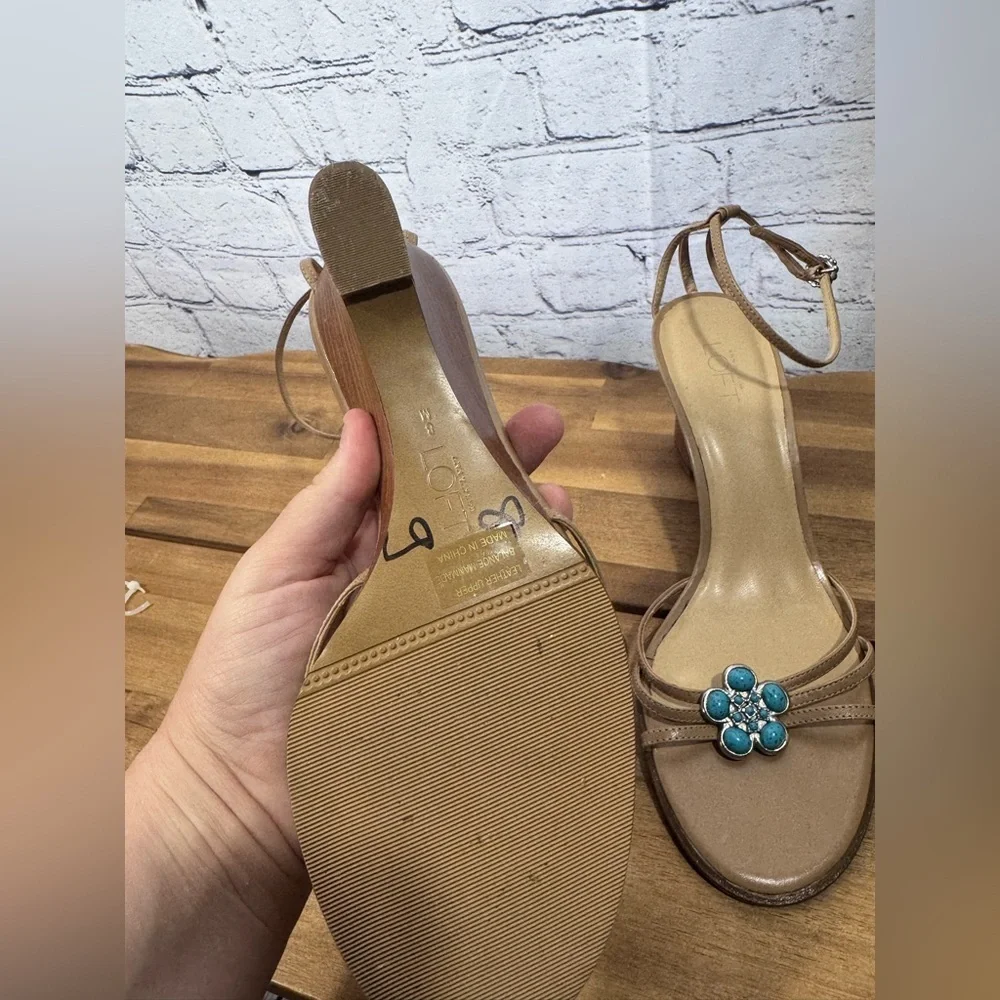 LOFT Tan Wedges with Turquoise Embellishments